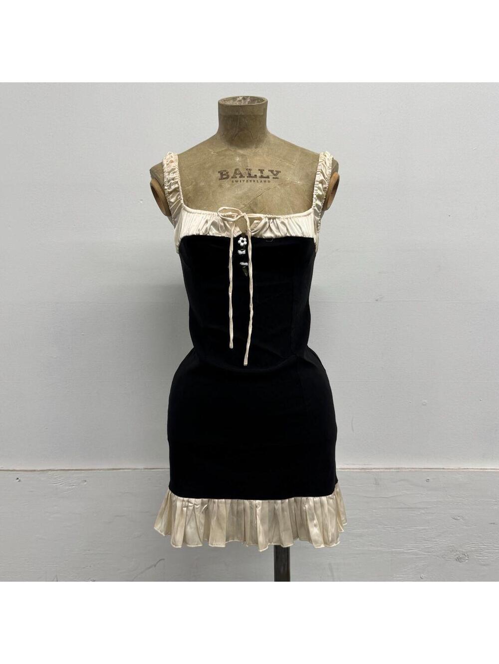 Black & Champagne Satin Ruffle Milkmaid Mini Dress